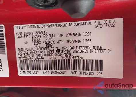 2022 Toyota Tacoma Sr V6/Sr5 V6/Trd Off Road/Trd Pro/Trd Sport from USA, damaged, VIN 3TYCZ5AN6NT092444